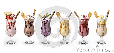 Fresh tasty cocktails, Glasses with delicious milk shakes isolated on white Stock Photo