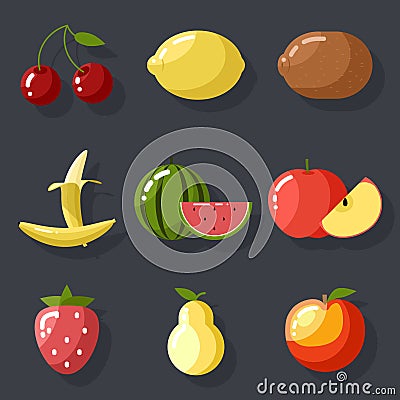 Fresh tasty fruit set apple cherry watermelon kiwi Vector Illustration