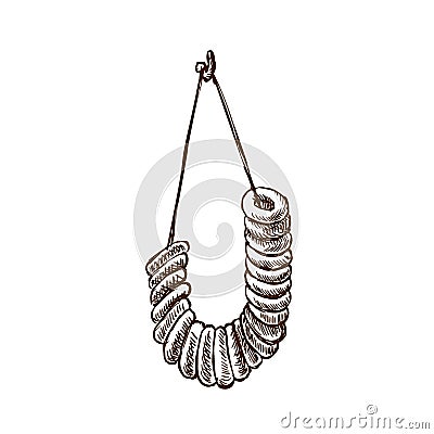 Fresh tasty ligament of bagels and dried hanging on rope. Vector Illustration