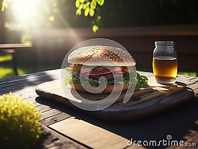 burger on wooden table. Generative AI Stock Photo