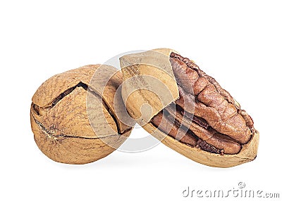 Fresh tasty pecan nuts isolated on white background. Whole and cracked pecans Stock Photo