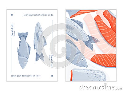 Fresh tasty salmons, sea fishes and fillets vector hand drawn poster design with space for text. Vector Illustration