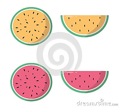 Fresh and tasty yellow and red watermelon fruit. Vegetarian and ecology food. Healthy food. Sweet water melon. Tropical fruits Vector Illustration