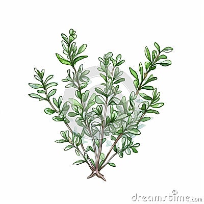 Fresh Thyme Watercolor Painting On White Background In Cartoon Style Stock Photo