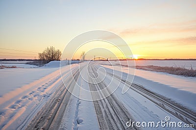 fresh tire tracks on a snowy hill road at sunrise Stock Photo