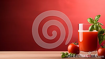 Fresh tomato juice in glass on wooden table with solid red background for text placement Stock Photo