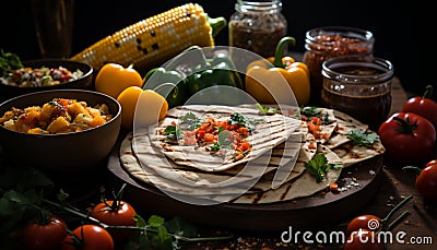 Fresh tomato, meat, bread, wood, cilantro, grilled beef, guacamole generated by AI Stock Photo