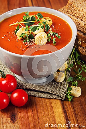 Fresh Tomato Soup with Bread and Spice Stock Photo