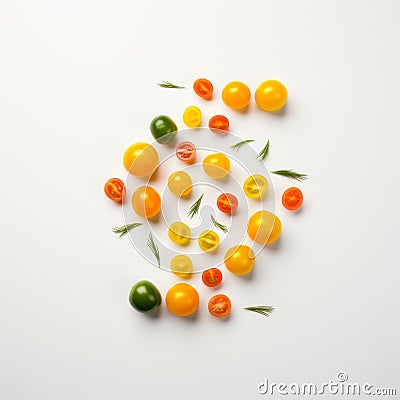 Minimalist Optical Illusion: Small Tomato Ripe Fruits On White Background Stock Photo