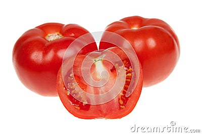 Fresh tomatoes, whole and a half isolated on white Stock Photo