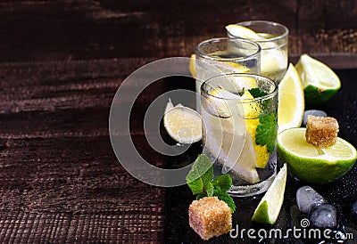 Fresh tonic water in the glass. With lemon, mint and lime. Stock Photo