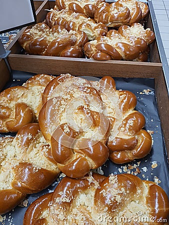 Fresh traditional Czech vanocka - plaited loaf sweet bread in bakery Stock Photo