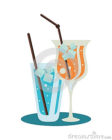 Fresh tropical cocktail cup and ice drink glass Vector Illustration