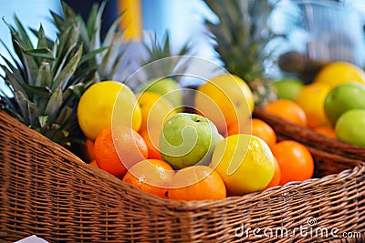 Fresh Tropical fruit basket in supermarket Stock Photo