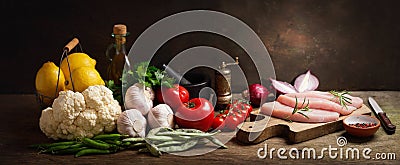 Fresh turkey meat steaks with rosemary and ingredients for cooking Stock Photo