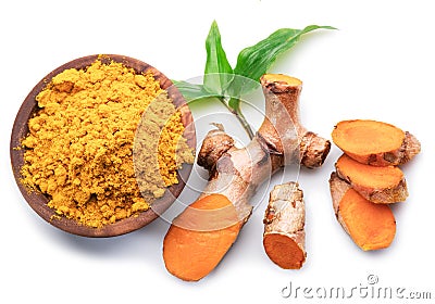 Fresh turmeric rhizome and turmeric powder isolated on white background Stock Photo