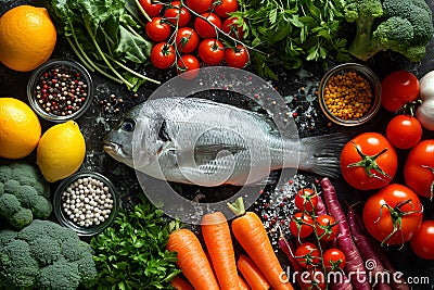 Fresh uncooked dorado or sea bream fish with lemon, herbs, oil, vegetables and spices on dark background, health concept Stock Photo