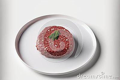 Fresh, uncooked ground beef is displayed on a white plate Stock Photo