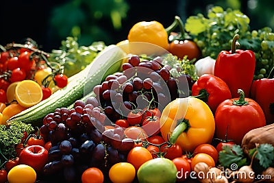 Fresh variety vegetables and fruits on market are sold displayed on counter. Mixed laid out healthy vegetables and fruits. Stock Photo