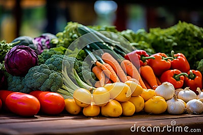 Fresh variety vegetables on the market are sold displayed on the counter. Neatly laid out healthy vegetables. Stock Photo