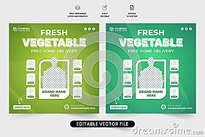 Fresh vegetable delivery service poster design for supermarkets. Grocery home delivery service social media post vector with green Vector Illustration
