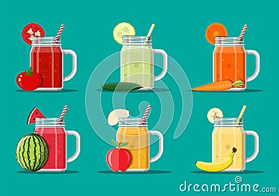 Fresh vegetable and fruit juice set. Vector Illustration