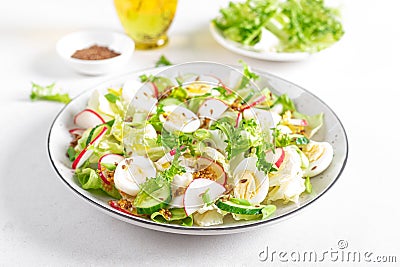 Fresh vegetable salad with cucumber, radish, lettuce and boiled eggs. Helathy food Stock Photo