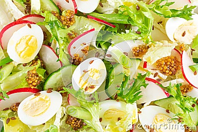 Fresh vegetable salad with cucumber, radish, lettuce and boiled eggs. Helathy food. Top view Stock Photo