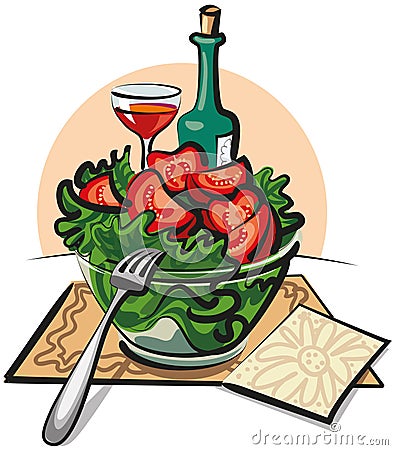 Fresh vegetable salad and wine Stock Photo