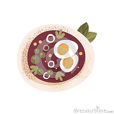 Fresh vegetable soup with greens and boiled eggs. Delicious dish for breakfast of dinner. Flat vector icon with texture Vector Illustration