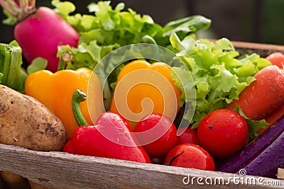 Fresh vegetable in wood crate Stock Photo