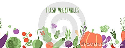 Fresh vegetables banner. Farming seamless pattern, isolated beet pumpkin carrot greens onion. Doodle autumn harvest Vector Illustration