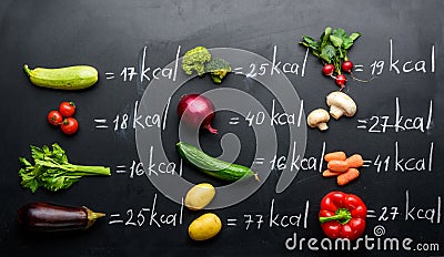 Fresh vegetables and calories table isolated on black Stock Photo