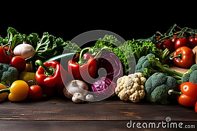 Fresh vegetables on dark wooden table. Health food. View from above. Space for copy. Generativ AI Stock Photo