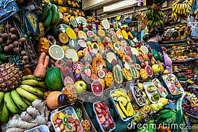 Fresh vegetables and fruit in the historical farmer Mercado de Vegueta market at Las-Palmas de Gran Canaria, Spain Editorial Stock Photo