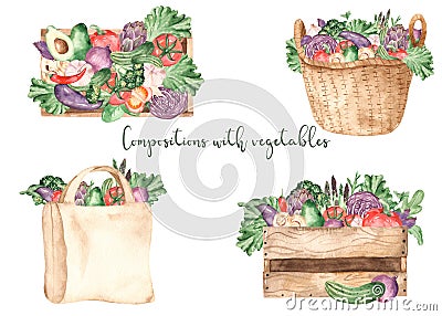 Watercolor composition with fresh vegetables and herbs Stock Photo