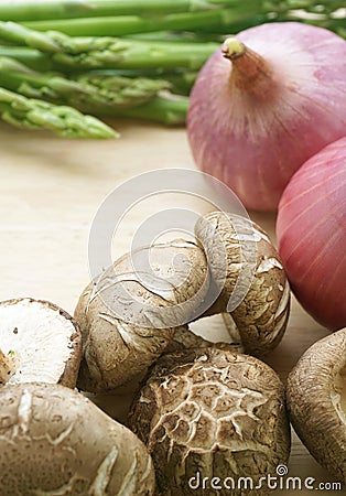 Fresh vegetables: Onion, mushroom, asparagus Stock Photo
