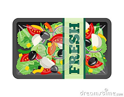 Fresh vegetables salad package in transparent foam tray isolated on white background Vector Illustration