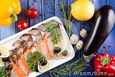 Fresh vegetables and slices fish Stock Photo