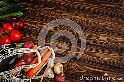 Fresh vegetables on wood. Flat lay with free space for text Stock Photo