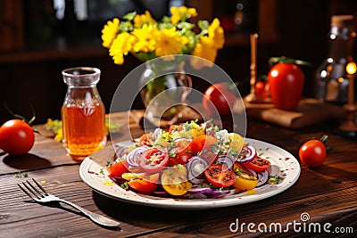 Fresh and vibrant salad with diverse ingredients elegantly arranged on a pristine white plate Stock Photo