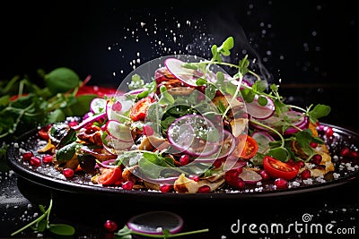 Fresh and vibrant salad with microgreens - radish, broccoli, tomatoes, kale, arugula, healthy meals Stock Photo