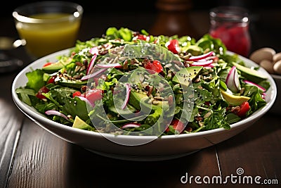 Fresh and vibrant salad with microgreens - radish, broccoli, tomatoes, kale, arugula, healthy meals Stock Photo
