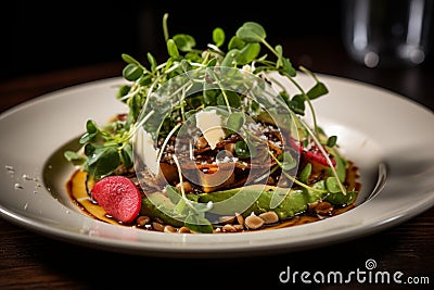 Fresh and vibrant salad with microgreens - radish, broccoli, tomatoes, kale, arugula, healthy meals Stock Photo