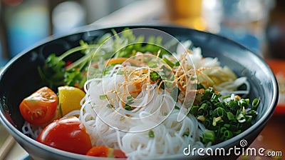 Fresh Vietnamese Vermicelli Bowl with Herbs and Vegetables Stock Photo