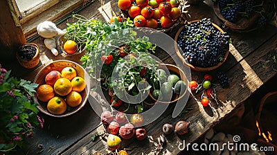 fresh vineyard produce, overhead shot, wooden harvest table, vibrant fruits and rustic wood. Stock Photo