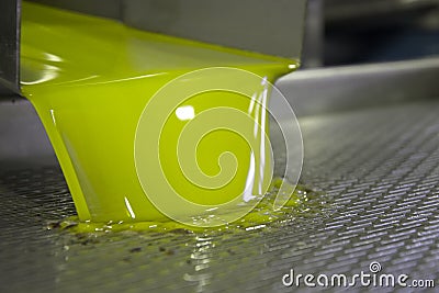 Fresh virgin olive oil production at a cold-press factory after the olive harvesting. Stock Photo