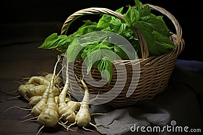 fresh wasabi roots in a basket, with dirt still clinging to them Stock Photo