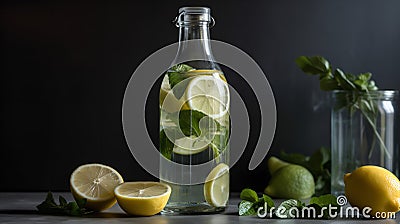 Fresh Water in a Glass Bottle with Mint and Lemon Stock Photo