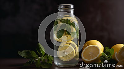 Fresh Water in a Glass Bottle with Mint and Lemon Stock Photo